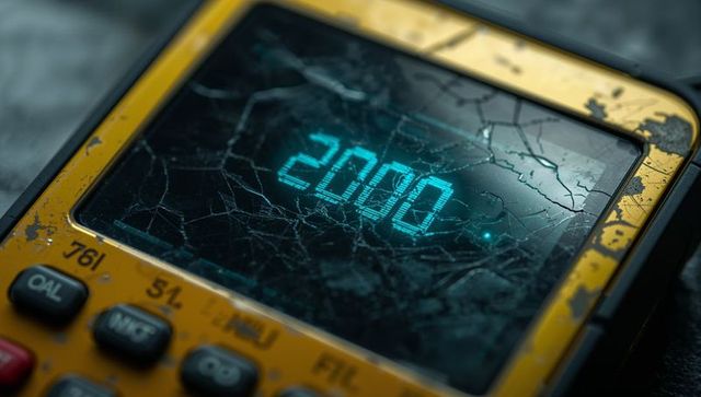 Displaying cracked cyan digits 2000 on weathered yellow calculator in moody closeup