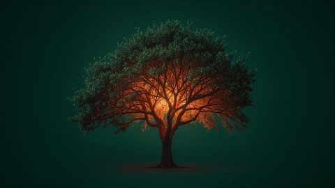 Illuminated Tree with Glowing Foliage Against Dark Background
