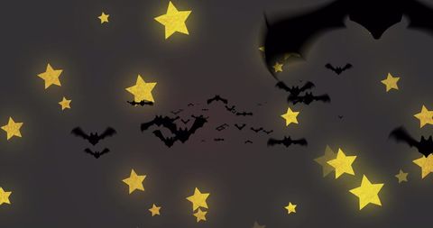 Bats flying amongst bright yellow stars in spooky night sky