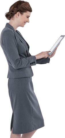 Businesswoman Using Transparent Digital Tablet White Background