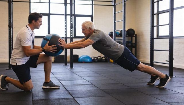 Older man doing plank reach while trainer holding medicine ball for strength and balance