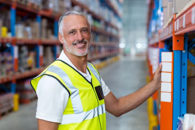 Senior male warehouse worker wearing a safety vest smiles while performing inventory checks in a large industrial warehouse. Suitable for use in logistics, supply chain management, and industrial workplace-themed materials. Ideal for illustrating concepts of manual labor, professional work environments, and efficient inventory management.