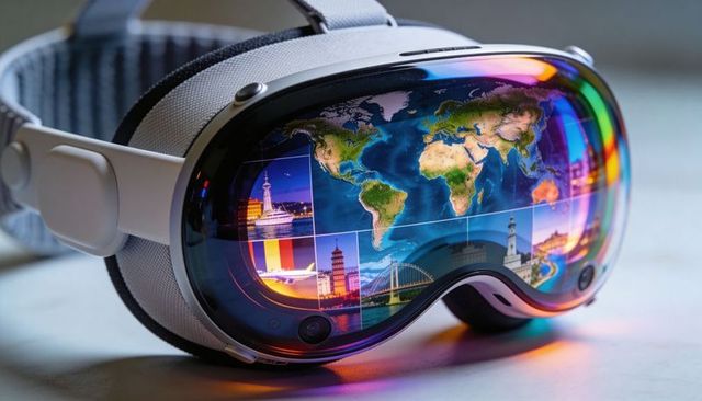 Virtual travel vr headset reflecting world map and landmark tiles on glossy visor