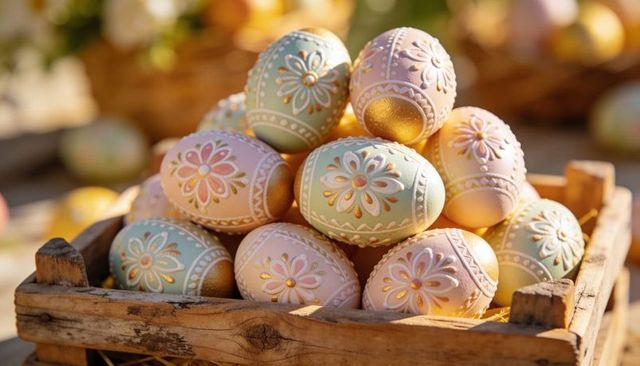 Hand-painted pastel easter eggs in rustic wooden crate with gold floral lace details