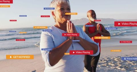 Seniors practicing yoga by ocean with digital distraction overlays