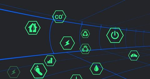 Futuristic Neon Green Tunnel with Virtual Eco Icons