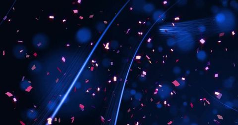 Neon-blue arcs drifting with pink confetti and bokeh on deep navy abstract background