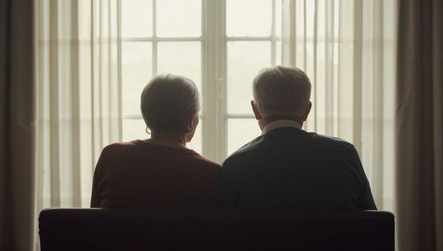 Senior couple sitting side by side facing window in soft backlight, quiet companionship