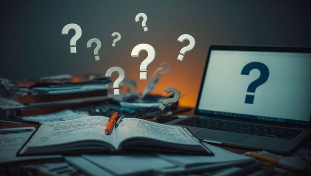 Inspirational study table with floating question marks concept