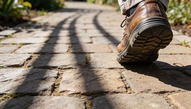 Brown Leather Boot Stepping on Sunlit Cobblestone Paver Path with Moss and Shadow