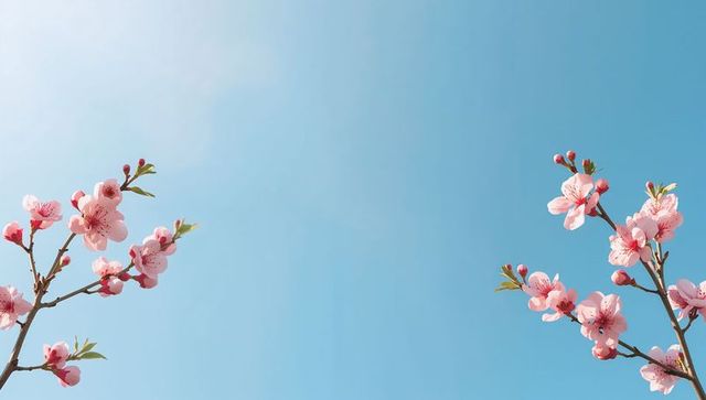 Framing pink cherry blossom branches against clear blue sky with spacious copy space