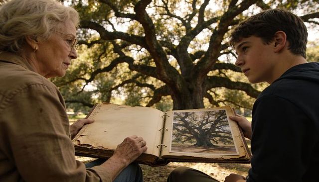 Grandmother and grandson sharing vintage family album under majestic oak tree