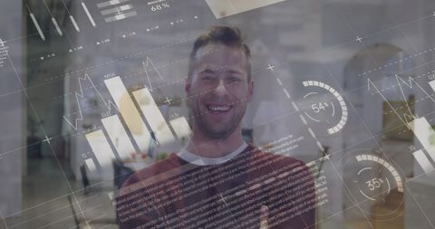 Businessman smiling with futuristic data overlay