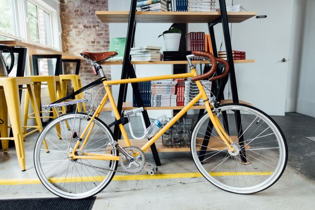 Vintage yellow bicycle with leather saddle parked indoors near wooden shelves in casual workspace with industrial decor; useful for promoting urban lifestyle, modern workspaces, cycling enthusiasts, and eco-friendly living projects.