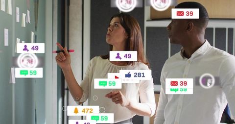 Business team collaborating and brainstorming with social media notifications and analytics