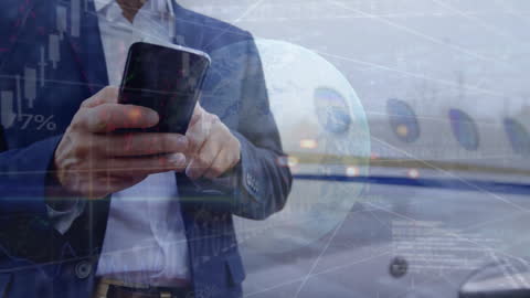 Global Businessman Using Smartphone with Digital Graphics Overlay