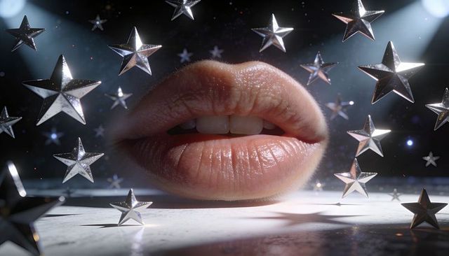 Glossy floating lips among metallic stars under dramatic spotlights