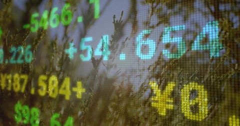 Displaying stock ticker overlay on backlit meadow grass with yen symbol and led numbers