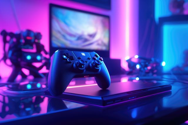 High-tech gaming setup featuring console and wireless controller illuminated by vibrant neon lights. Ideal for use in advertisements for gaming accessories, technology blogs, and promo materials for tech events.