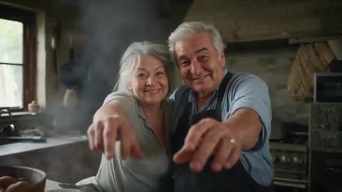 Senior couple cooking together in rustic kitchen reaching to serve steaming pot, sharing warmth
