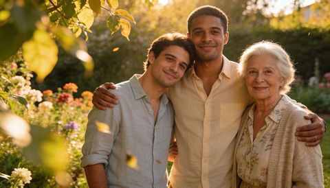 Multigenerational family embracing and smiling in sunlit flower garden