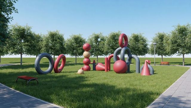 Displaying centered red and gray geometric sculpture installation on urban park lawn