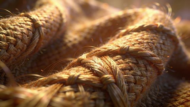 Golden braided natural fiber rope macro, frayed texture and warm sunlight bokeh background