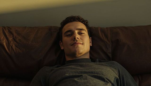 Relaxed young man reclining on brown leather sofa bathed in warm side light