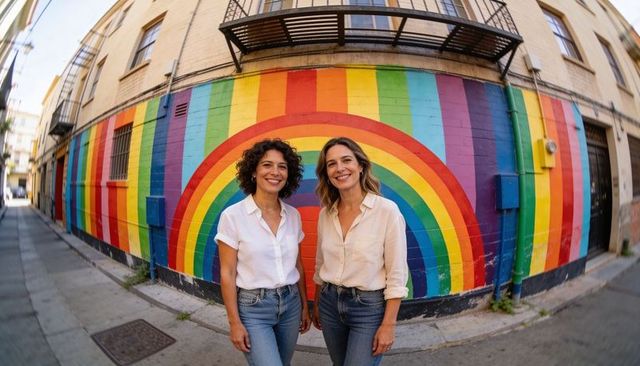 Two women smiling in front of rainbow mural alley wearing button shirts, high-waist jeans