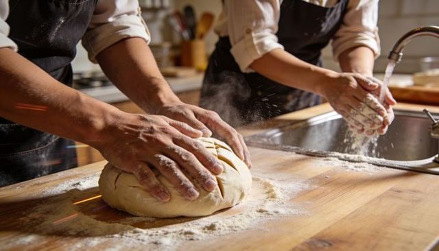 Couple kneading rustic bread dough on floured wooden countertop, partner washing hands