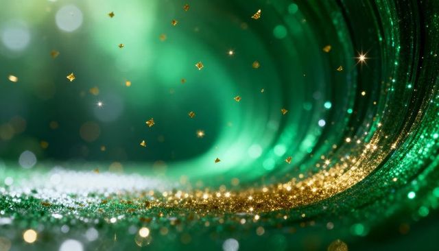 Glittering emerald tunnel shimmering with gold confetti and bokeh sparkle macro backdrop