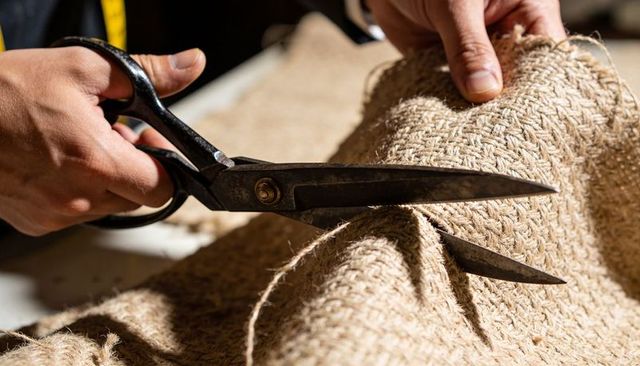 Tailor cutting jute fabric with vintage shears closeup hands showing craftsmanship texture