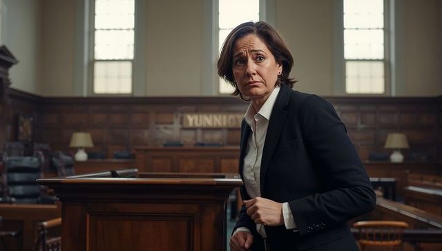 Middle-aged female lawyer delivering focused formal courtroom address at wood-paneled lectern