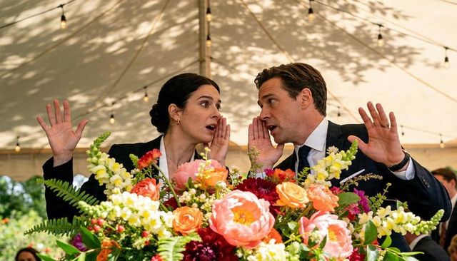 Whispering couple exchanging secrets behind vibrant wedding floral centerpiece