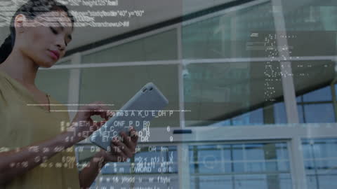 Businesswoman Using Tablet with Data Processing Overlay
