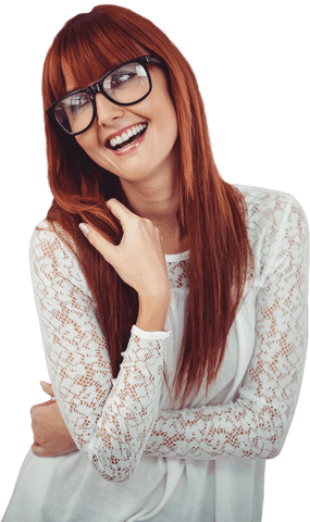 Smiling redhead woman in glasses on transparent background