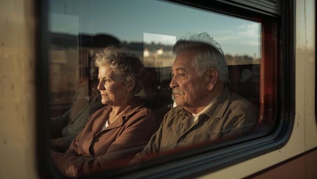 Elderly couple reflecting on life during train journey