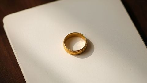 Resting gold wedding band with milgrain edge casting soft shadow on cream notebook