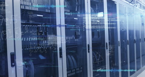 Digital Data Streams Across High-Tech Server Rack