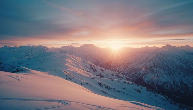 Sunrise Over Snowy Mountain Peaks in Winter Tranquility