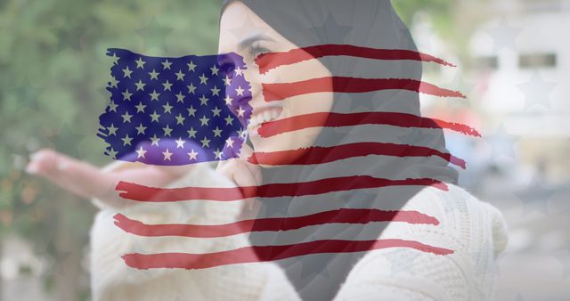 Depicts a happy Muslim woman, with an American flag overlay. Highlights themes of patriotism and cultural diversity. Suitable for articles on immigration, diversity promotion, or patriotic celebrations.