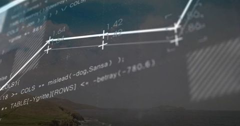 Projecting translucent code overlay over coastal dusk with white plotted line chart
