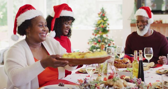 Family Celebrating Christmas Dinner with Smiling Faces and Festive Hats - Download Free Stock Images Pikwizard.com