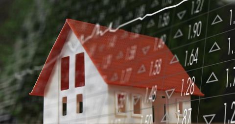Miniature house with financial chart overlay illustrating rising property market trends