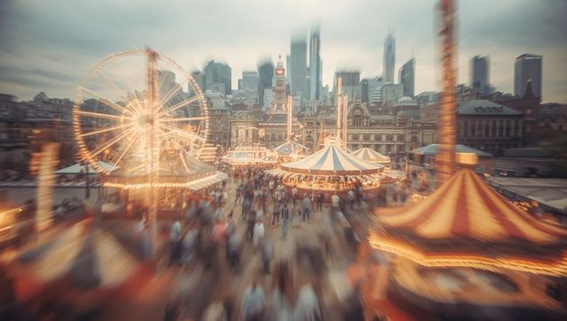 Vibrant city square full of lights at urban carnival