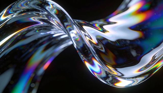 Flowing twisted glass ribbon refracting prismatic rainbow light over deep black background