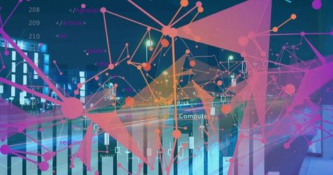 Neon data network overlaying urban night road with graph nodes, candlesticks, light trails
