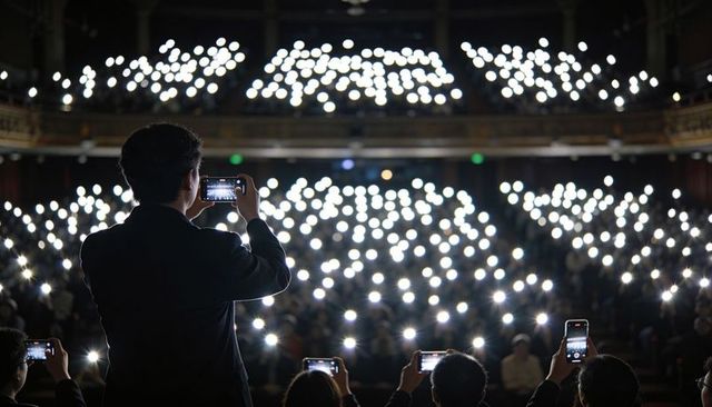 Silhouetted Attendee Recording Packed Auditorium with Thousands of Smartphone Lights