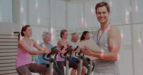 Fitness instructor leading exercise class with digital overlay