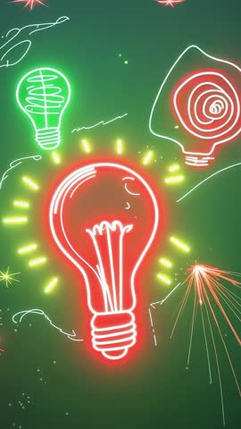 Vertical Neon Lightbulb Animation Transitioning Bulbs Glowing with Starburst Accents